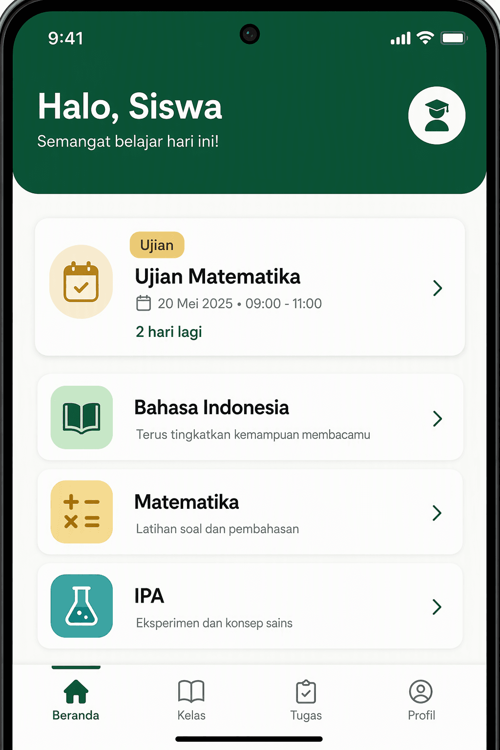 Aplikasi Android Al-Hilmi LMS menampilkan jadwal ujian dan mata pelajaran siswa.